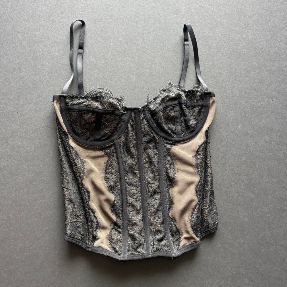 Out From Under Modern Love Black Taupe Lace Corset Y2K - Size S